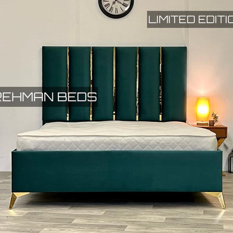 Midnight Ss Gold strips headboard with Matching Gold metal legs